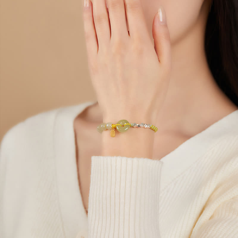 Hetian Jade Peace Buckle Luck Bracelet|Sterling Silver Charm