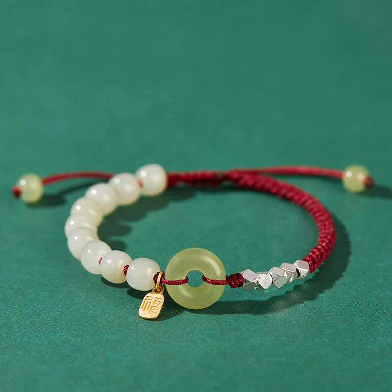 Hetian Jade Peace Buckle Luck Bracelet|Sterling Silver Charm