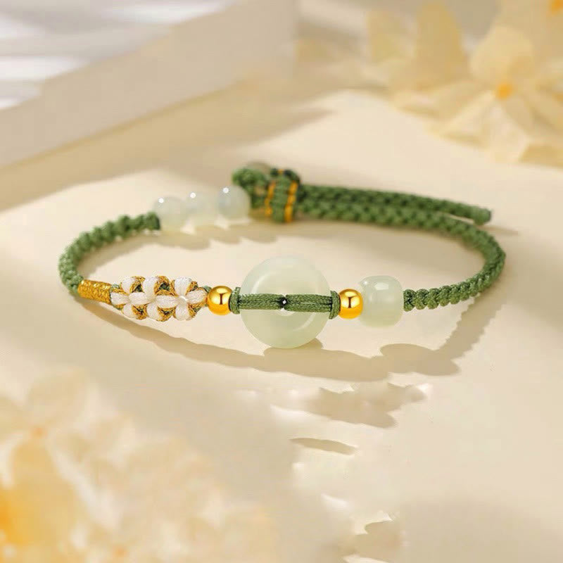 Hetian Jade Peace Buckle Luck Peach Blossom Braided Bracelet