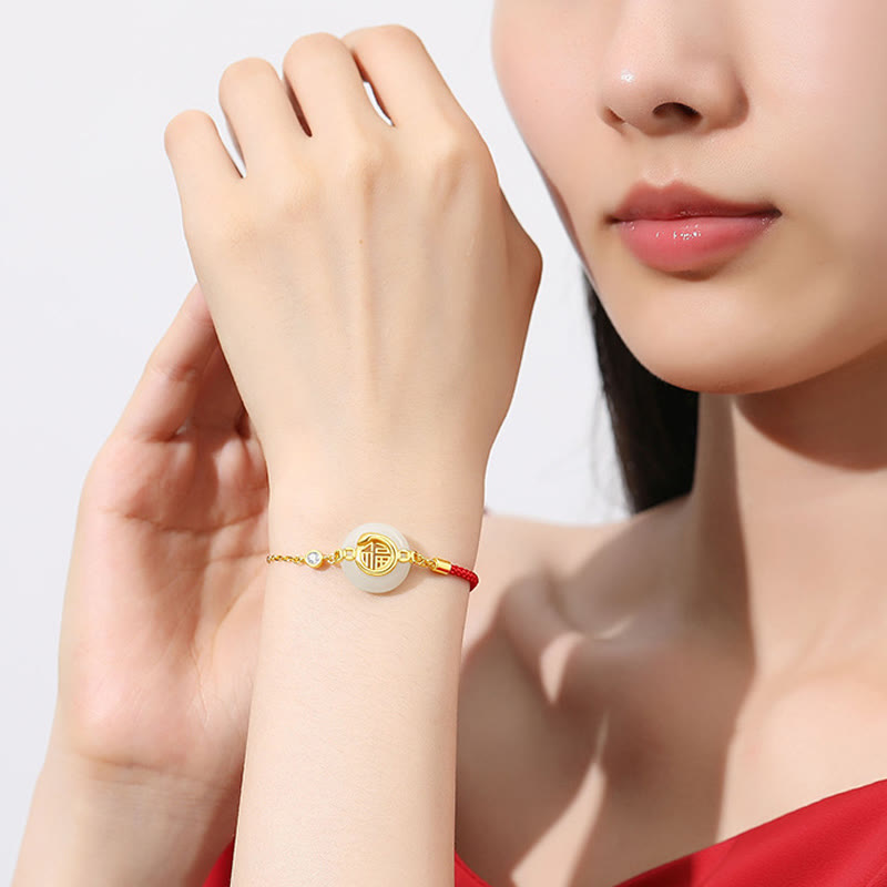 Hetian Jade Peace Buckle Red String Bracelet