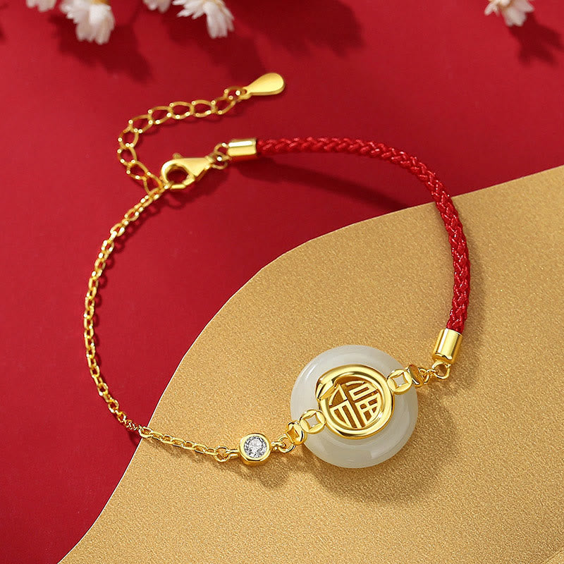 Hetian Jade Peace Buckle Red String Bracelet