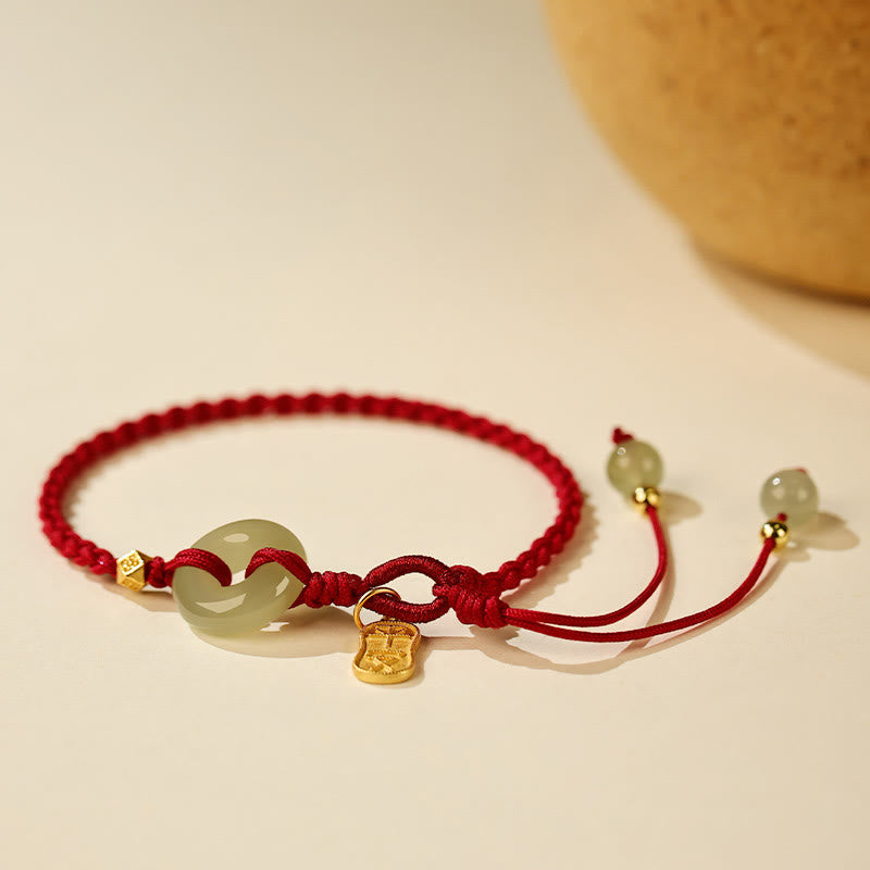 Hetian Jade Peace Buckle Red String Luck Bracelet 15-20cm Wrist