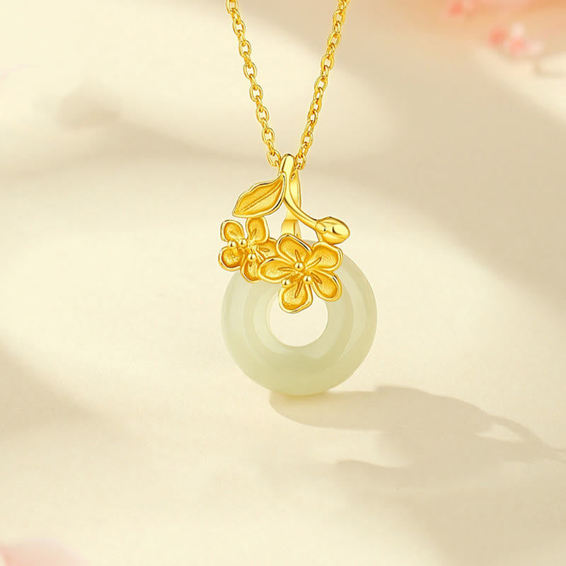 Hetian Jade Peach Blossom Necklace with Peace Buckle