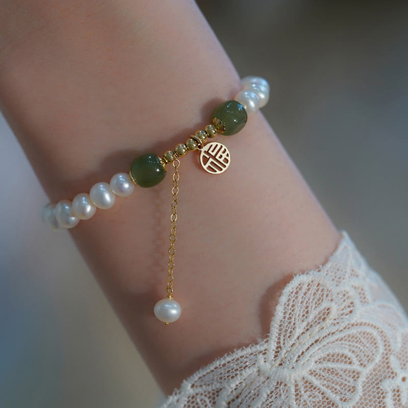 Hetian Jade Pearl Bead Bracelet for Happiness & Wisdom