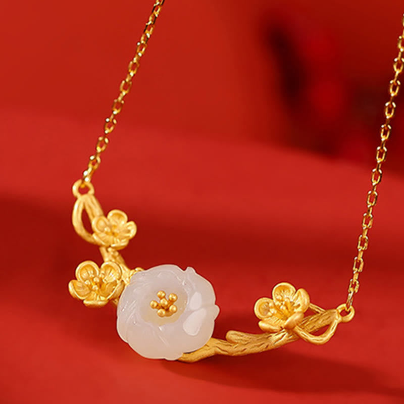 Hetian Jade Plum Blossom Luck Necklace Bracelet Ring Set