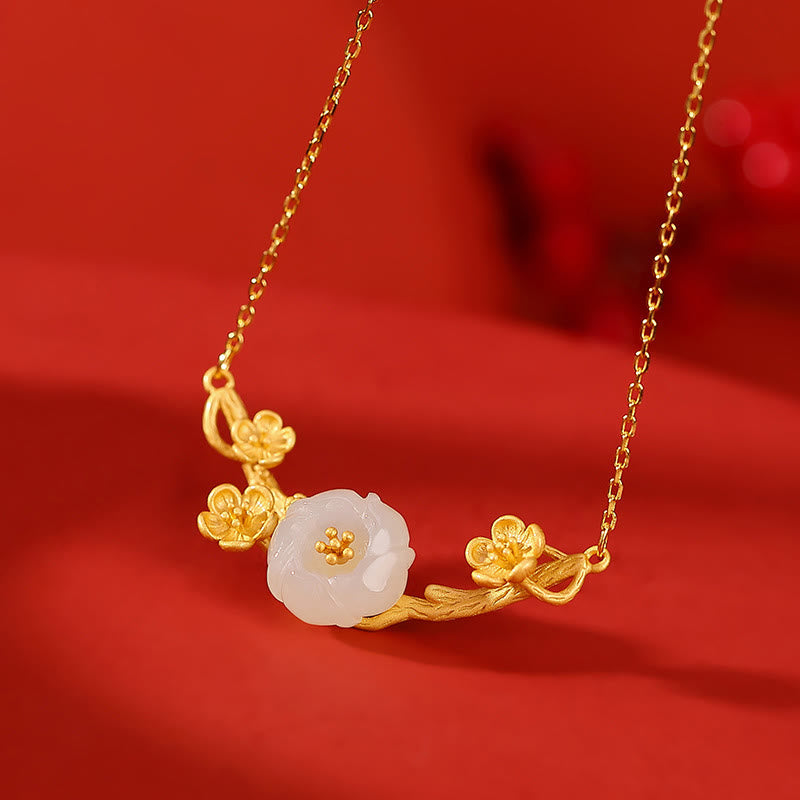 Hetian Jade Plum Blossom Luck Necklace Bracelet Ring Set