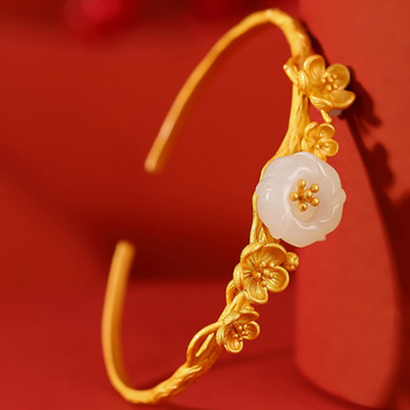 Hetian Jade Plum Blossom Luck Necklace Bracelet Ring Set