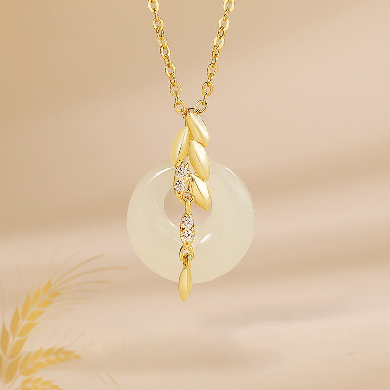 Hetian Jade Wheat Pendant Necklace with Zircon Accent