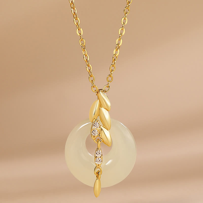 Hetian Jade Wheat Pendant Necklace with Zircon Accent
