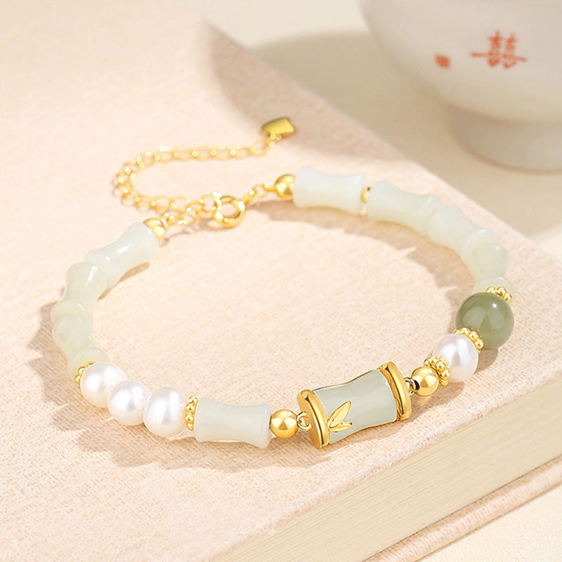 Hetian White Jade Bracelet | Sterling Silver Bamboo Luck Blessing