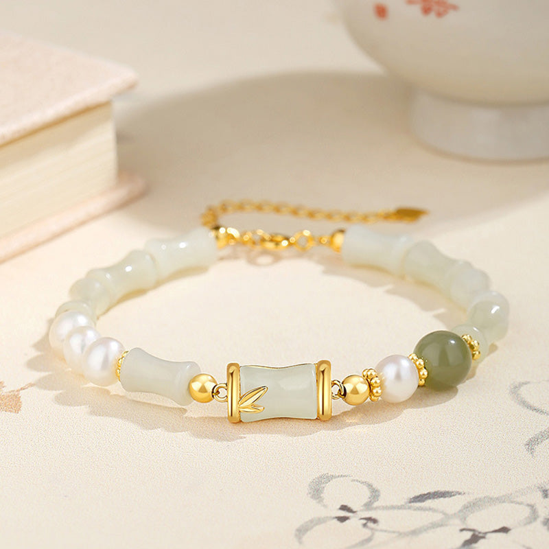 Hetian White Jade Bracelet | Sterling Silver Bamboo Luck Blessing