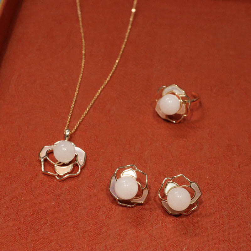 Hetian White Jade Camellia Flower Jewelry Set for Luck & Protection