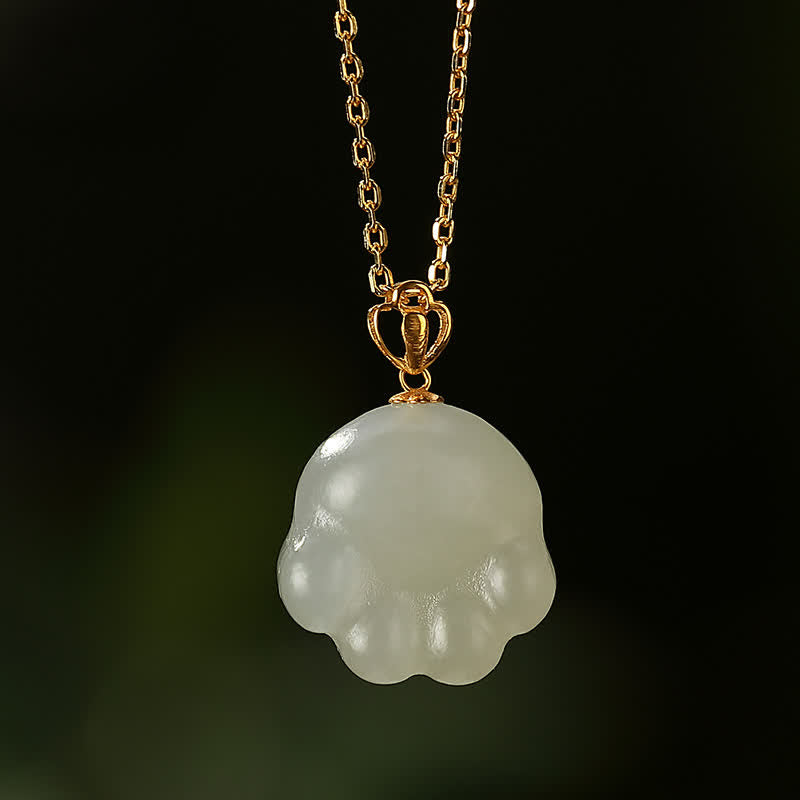 Hetian White Jade Cat Paw Luck Necklace in 925 Silver
