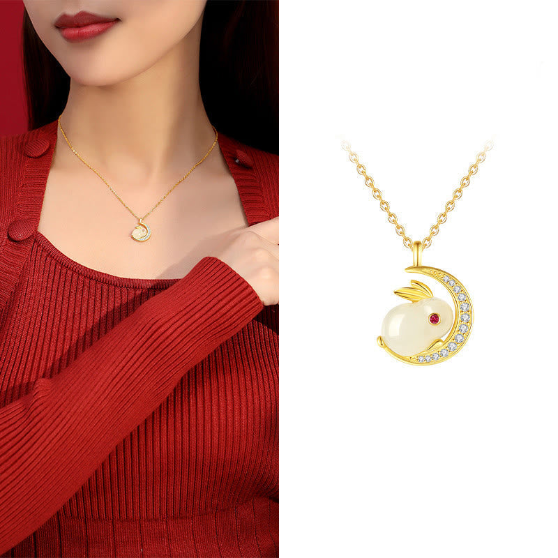 Hetian White Jade Rabbit Crescent Moon Necklace