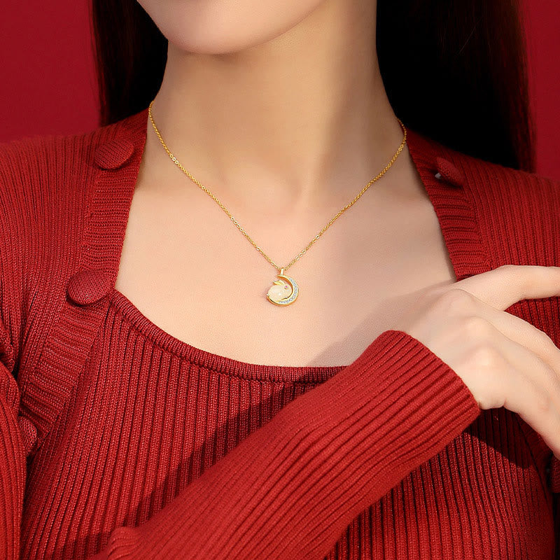 Hetian White Jade Rabbit Crescent Moon Necklace
