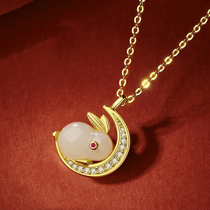 Hetian White Jade Rabbit Crescent Moon Necklace