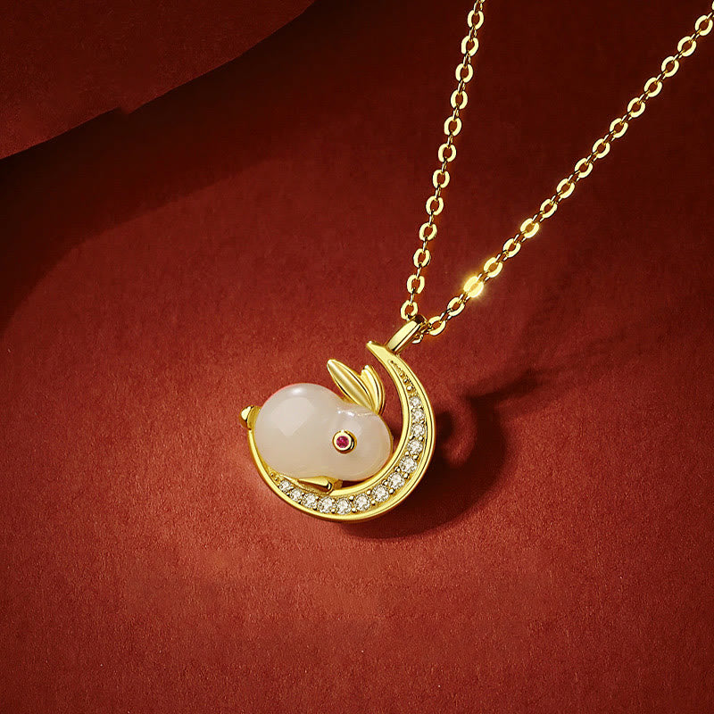 Hetian White Jade Rabbit Crescent Moon Necklace