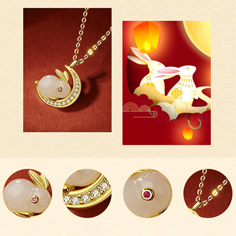 Hetian White Jade Rabbit Crescent Moon Necklace