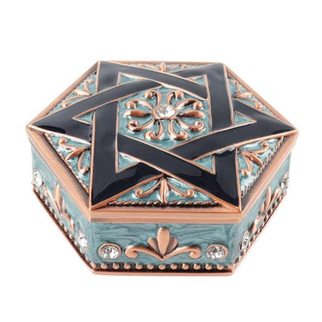 Hexagonal Vintage Jewelry Box With Teal Enamel Finish