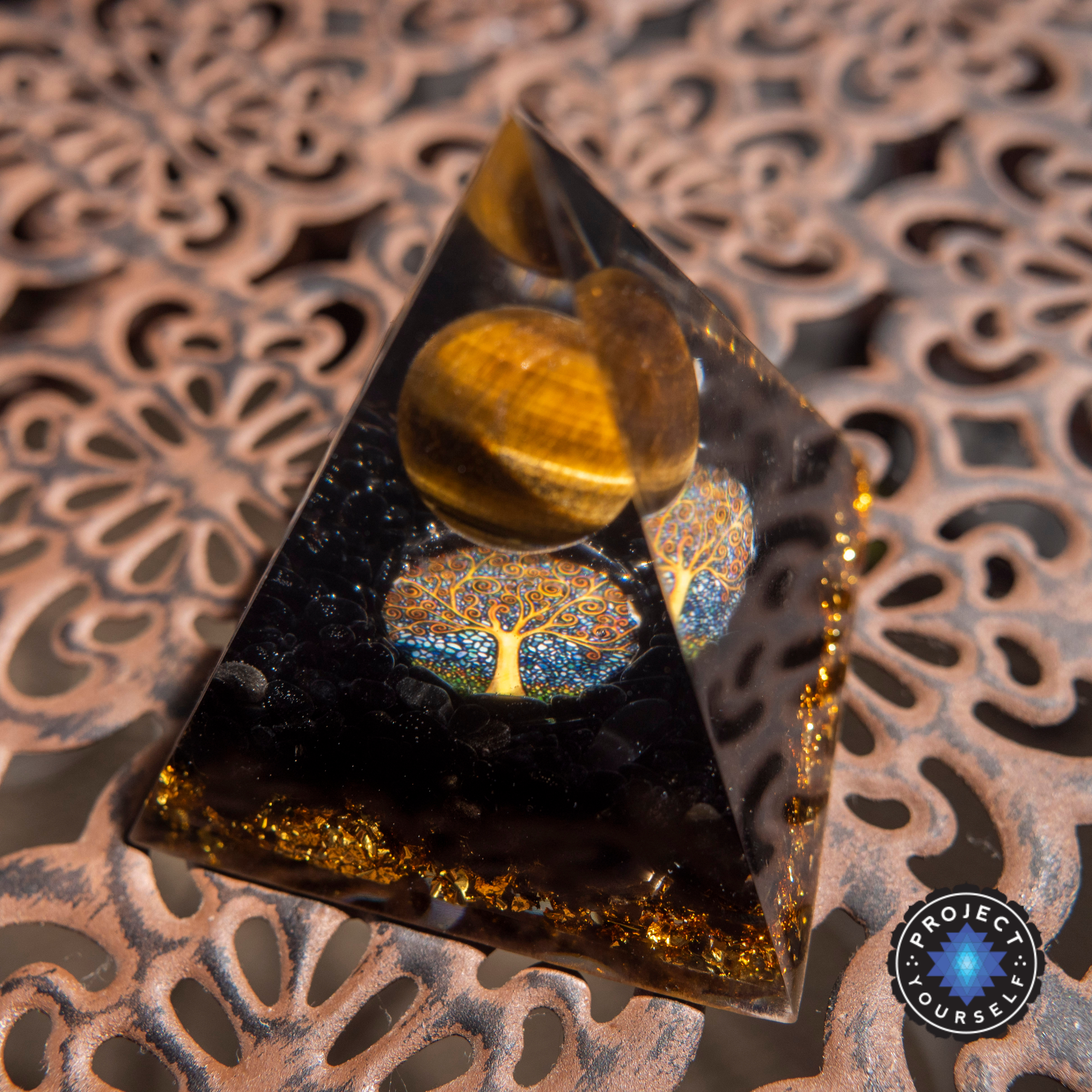 Inner Calling Orgone Pyramid with Tiger Eye Stone