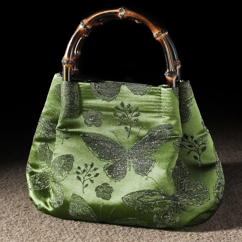 Jacquard Butterfly Flowers Bag with Bamboo Handle | Spiritual Accessory