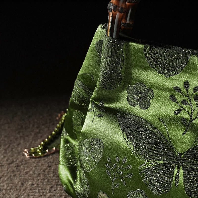 Jacquard Butterfly Flowers Bag with Bamboo Handle | Spiritual Accessory