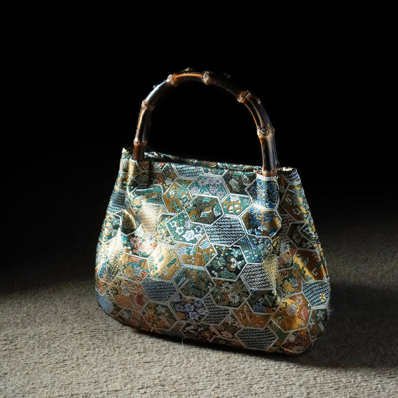 Jacquard Butterfly Flowers Bag with Bamboo Handle | Spiritual Accessory