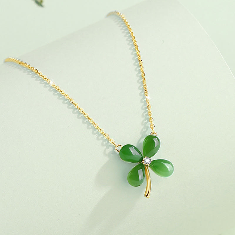 Jade Four Leaf Clover Necklace | 925 Silver Luck Pendant