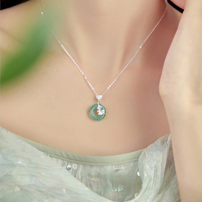 Jade Ginkgo Peace Buckle Sterling Silver Necklace