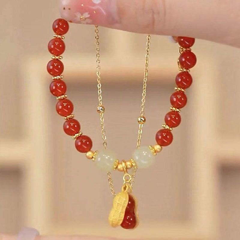 Jade Luck Beaded Bracelet with Leaf, Tulip & Fu Symbol