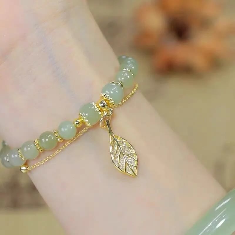 Jade Luck Beaded Bracelet with Leaf, Tulip & Fu Symbol