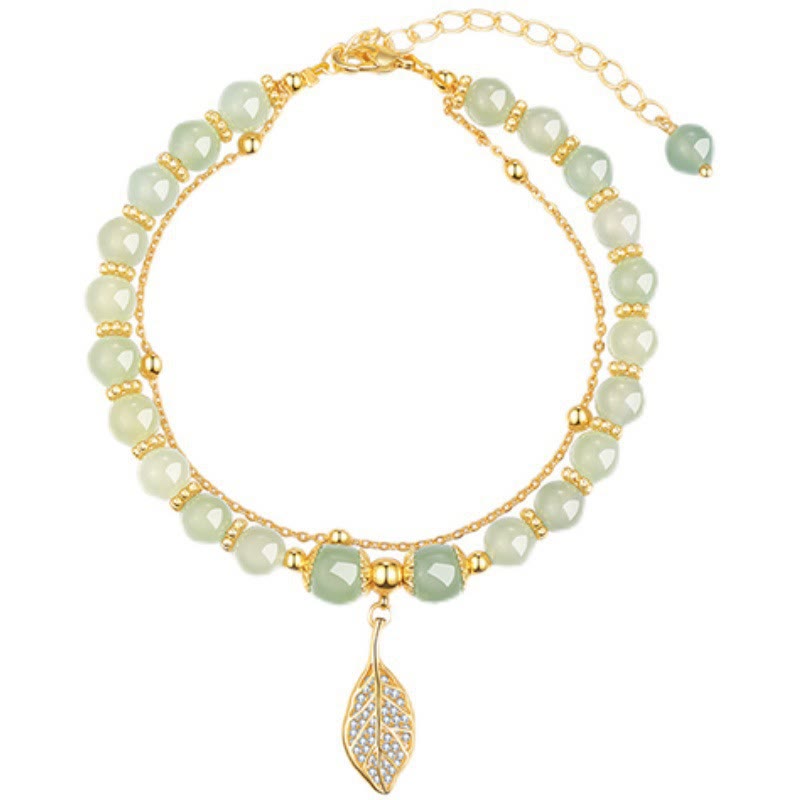 Jade Luck Beaded Bracelet with Leaf, Tulip & Fu Symbol