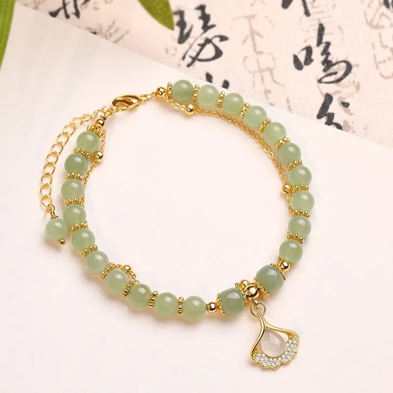 Jade Luck Beaded Bracelet with Leaf, Tulip & Fu Symbol