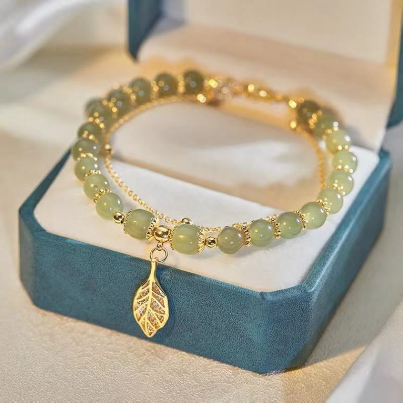 Jade Luck Beaded Bracelet with Leaf, Tulip & Fu Symbol