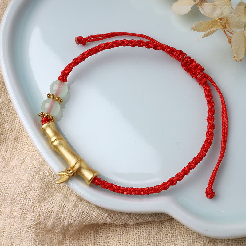 Jade Luck Strength Bracelet with Bamboo Design and Red String