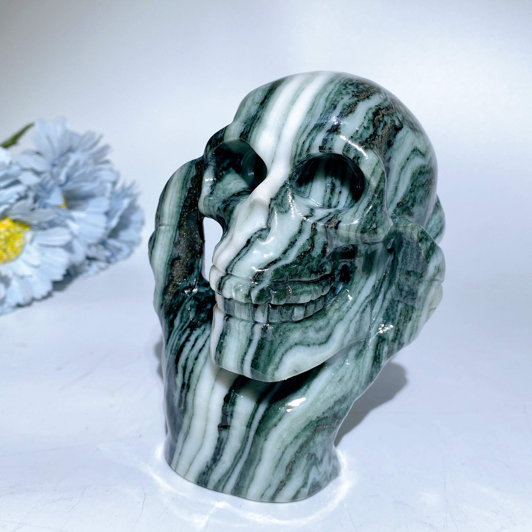 Jade Picasso Stone 5.2 inch Healing Skull Figurine