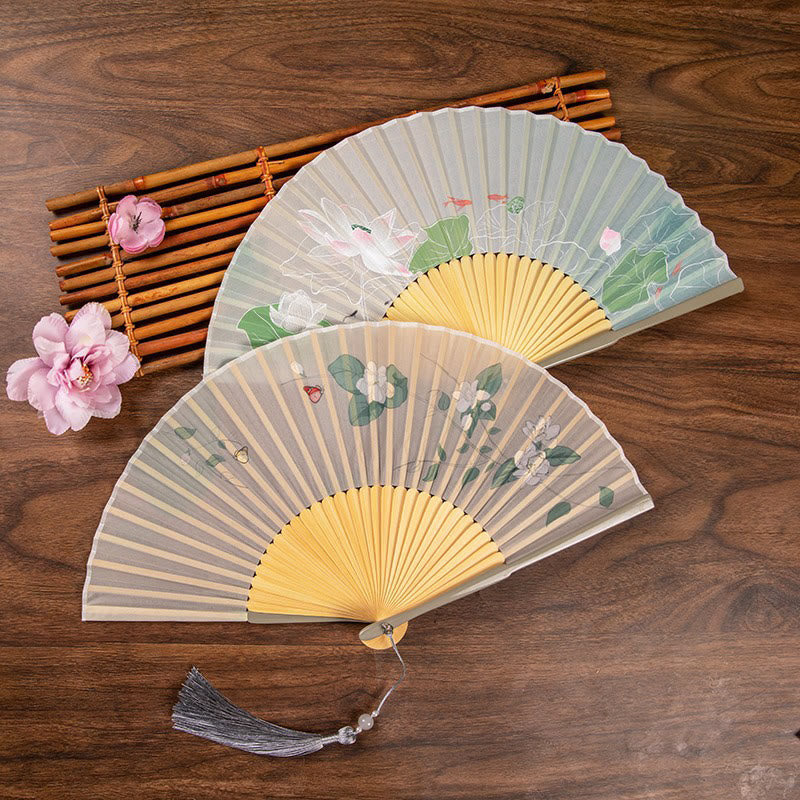 Jasmine Lotus Begonia Bamboo Folding Fan | Handheld Charm