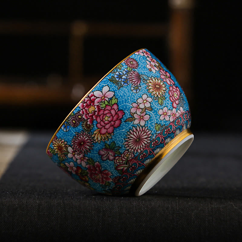 Jingdezhen Porcelain Tea Cup with Colorful Flowers 8cm Zen Decor