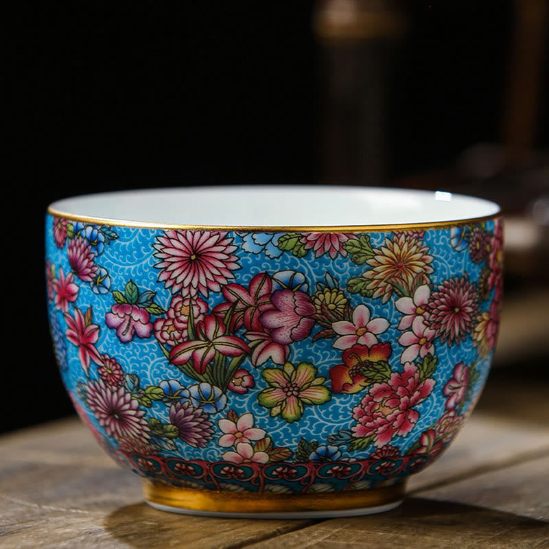 Jingdezhen Porcelain Tea Cup with Colorful Flowers 8cm Zen Decor