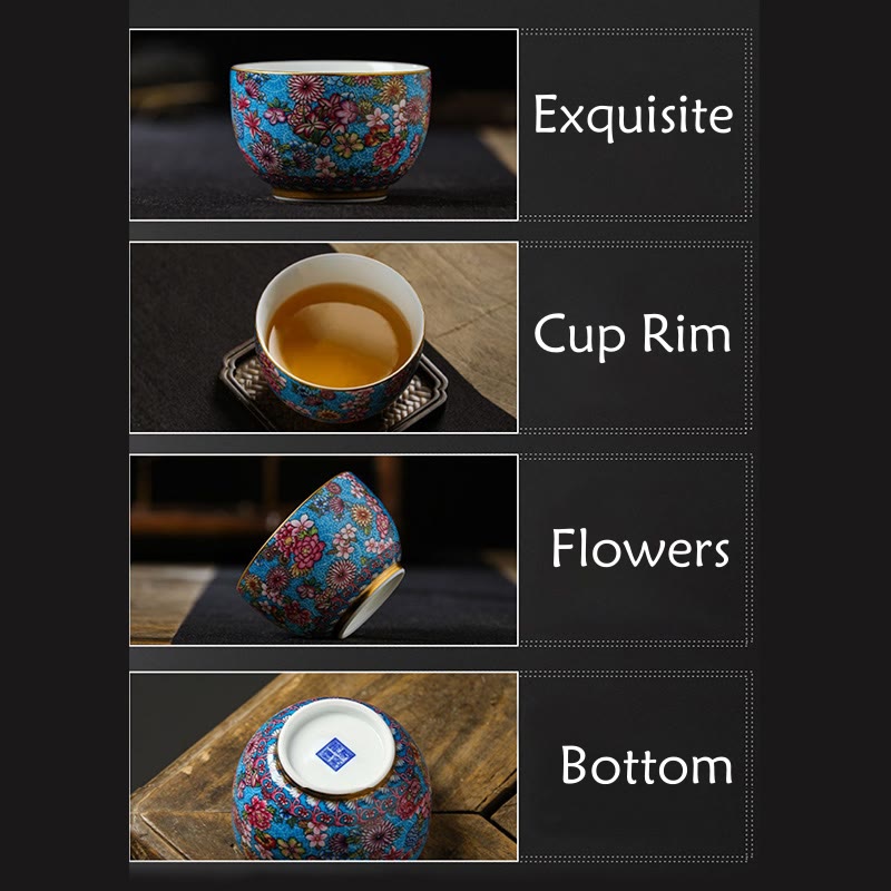 Jingdezhen Porcelain Tea Cup with Colorful Flowers 8cm Zen Decor