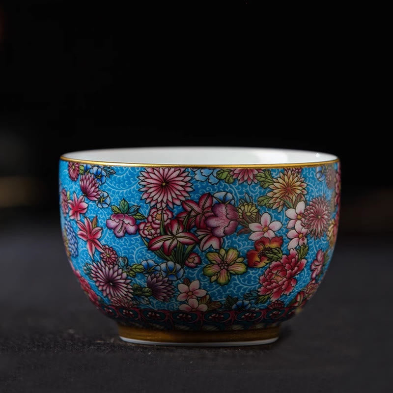 Jingdezhen Porcelain Tea Cup with Colorful Flowers 8cm Zen Decor