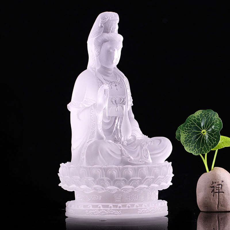 Kwan Yin Avalokitesvara Liuli Crystal Statue - 15.5cm Handmade