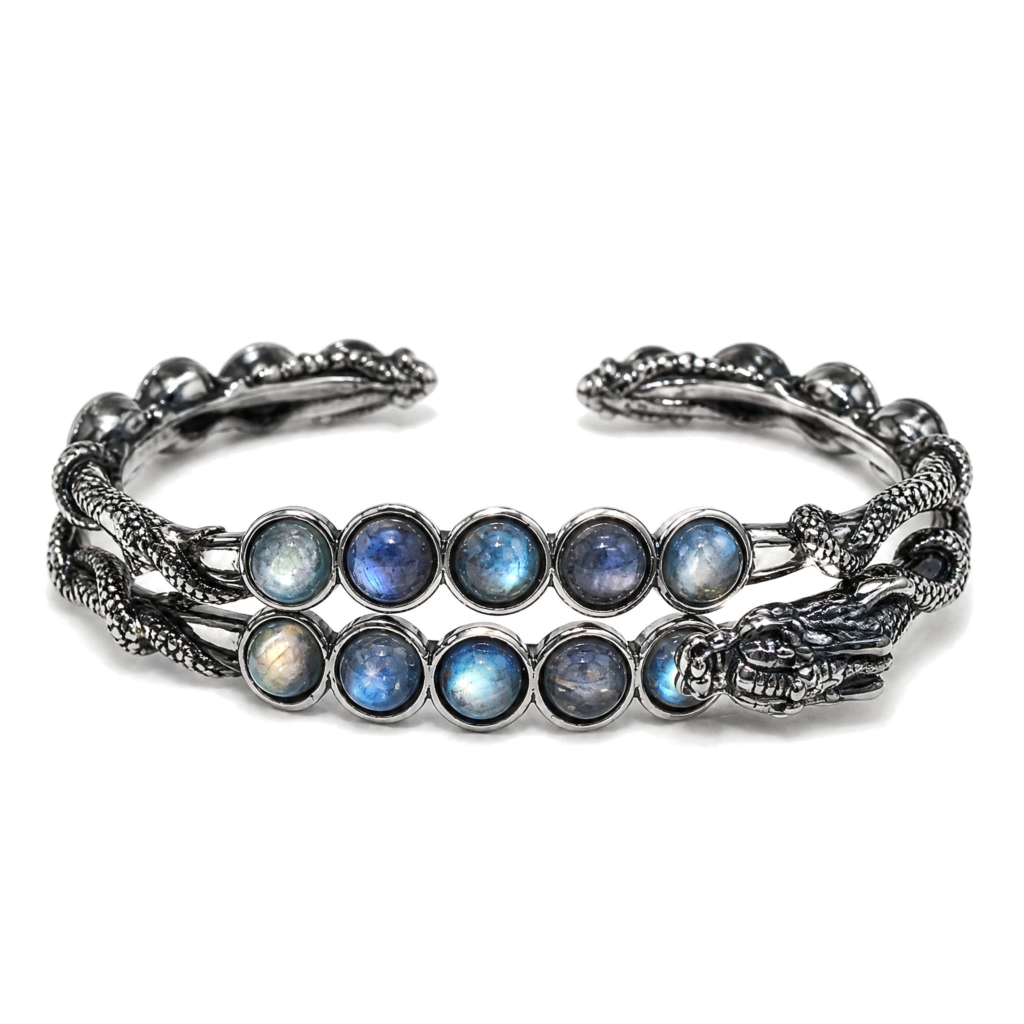 Adjustable Labradorite Crystal Healing Bangle with Dragon Motif, Labradorite with Dragon, on a white background