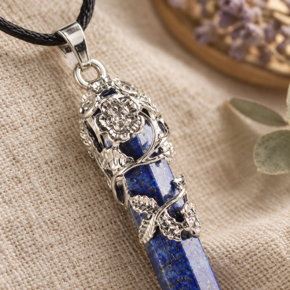 Healing Lapis Lazuli Silver Crystal Point Pendant, close-up of the material and finish