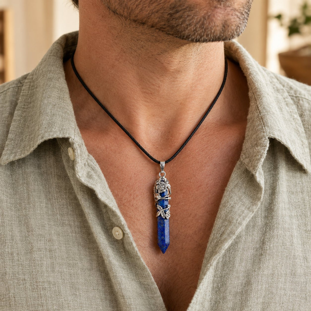 Healing Lapis Lazuli Silver Crystal Point Pendant, worn by a woman