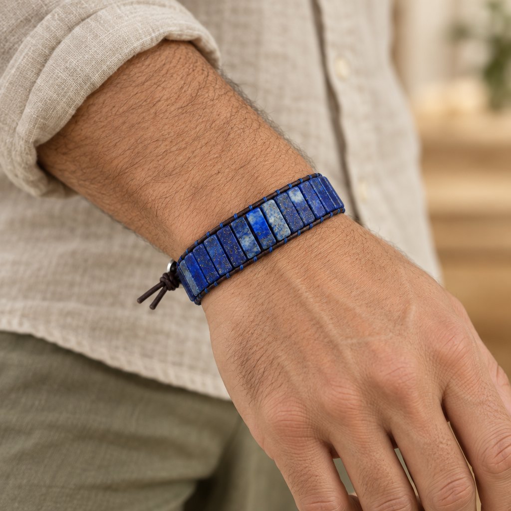 Lapis Lazuli Royalty & Enlightenment Bracelet, worn on the wrist by a man
