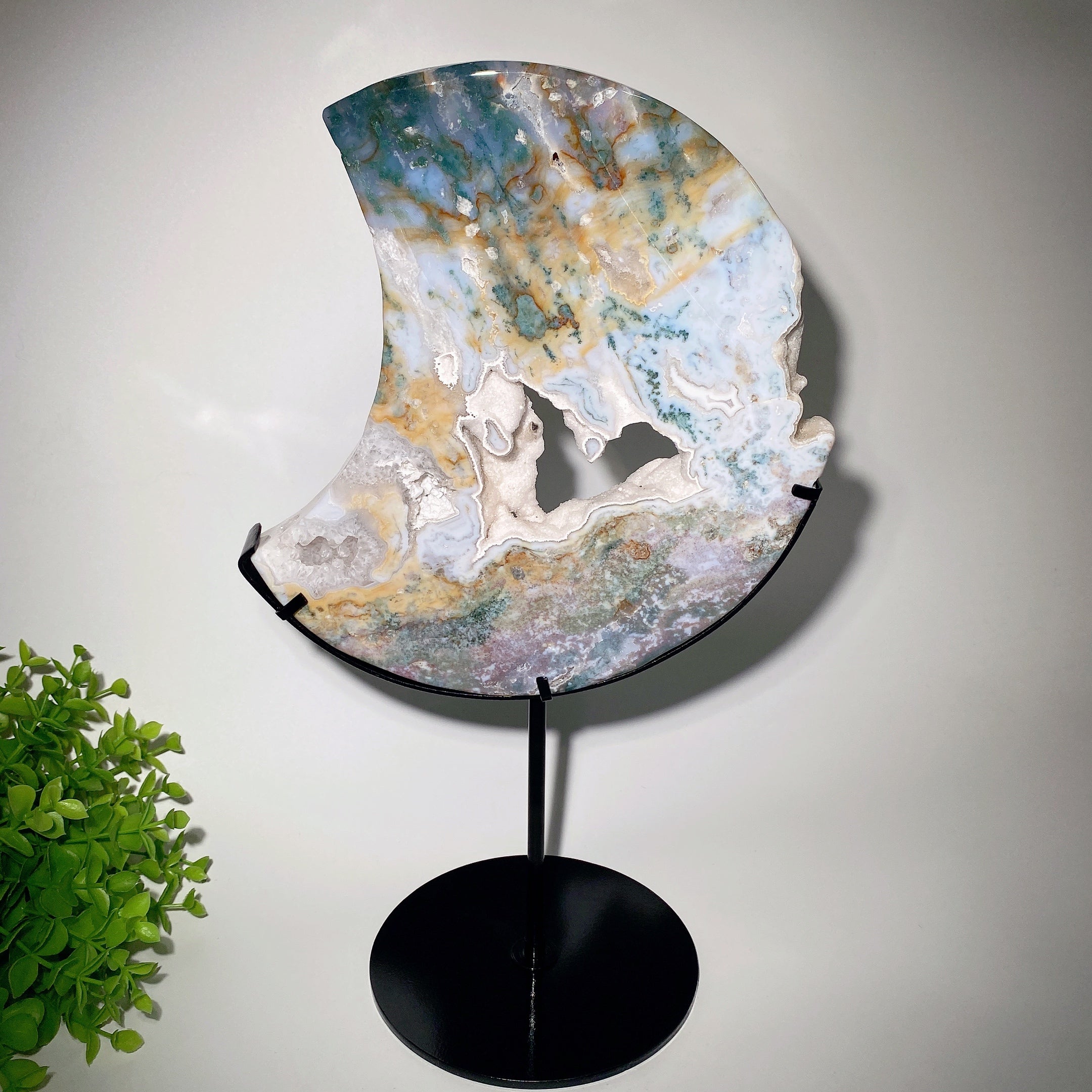 Large 24cm Druzy Moss Agate Moon Carving with Stand