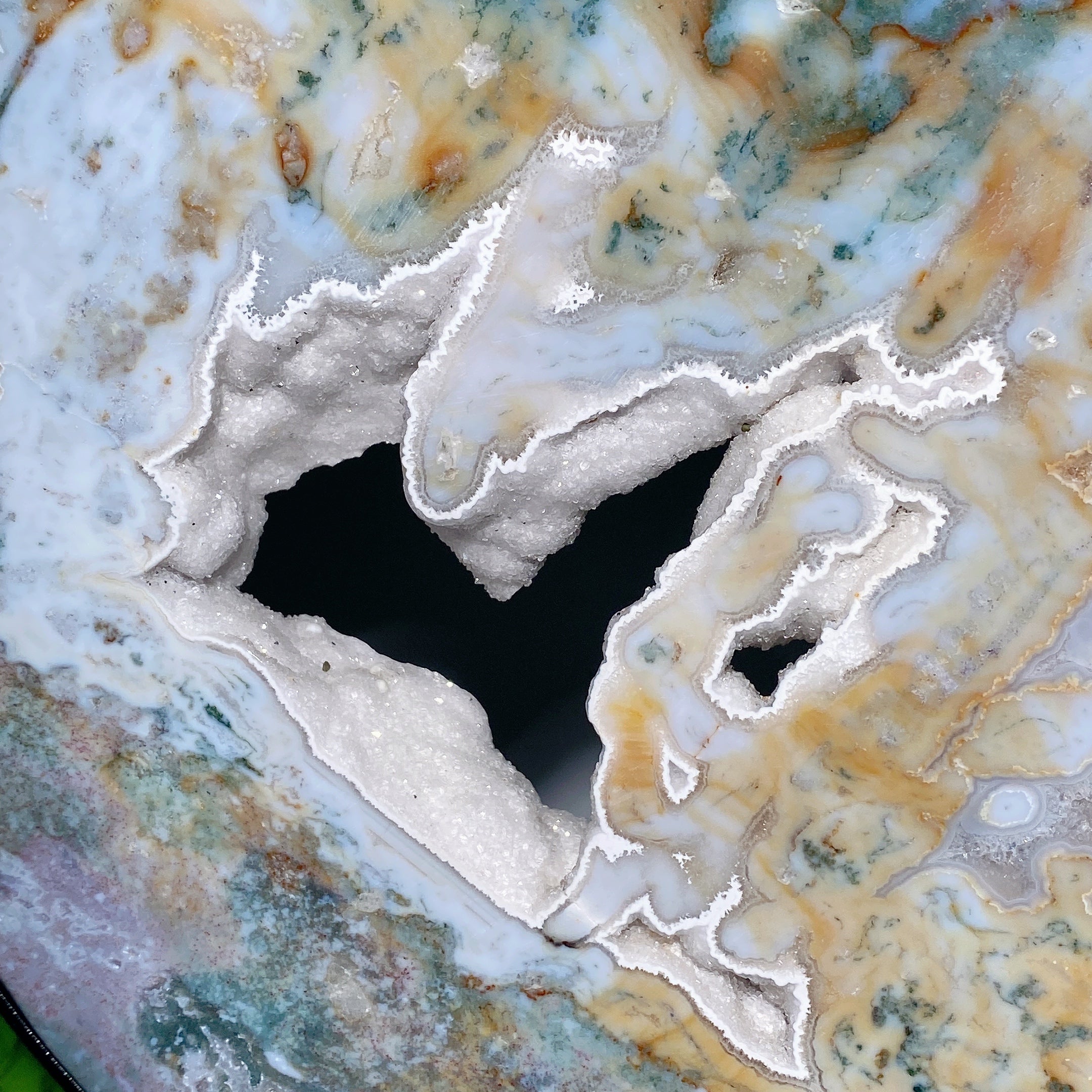 Large 24cm Druzy Moss Agate Moon Carving with Stand