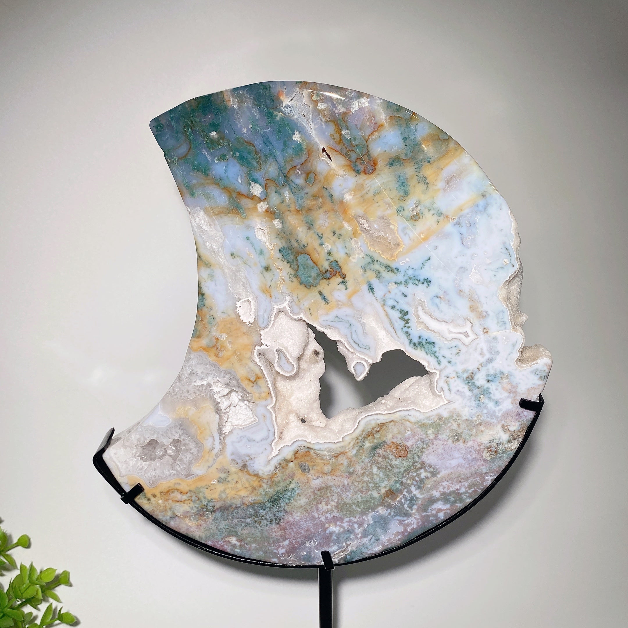Large 24cm Druzy Moss Agate Moon Carving with Stand