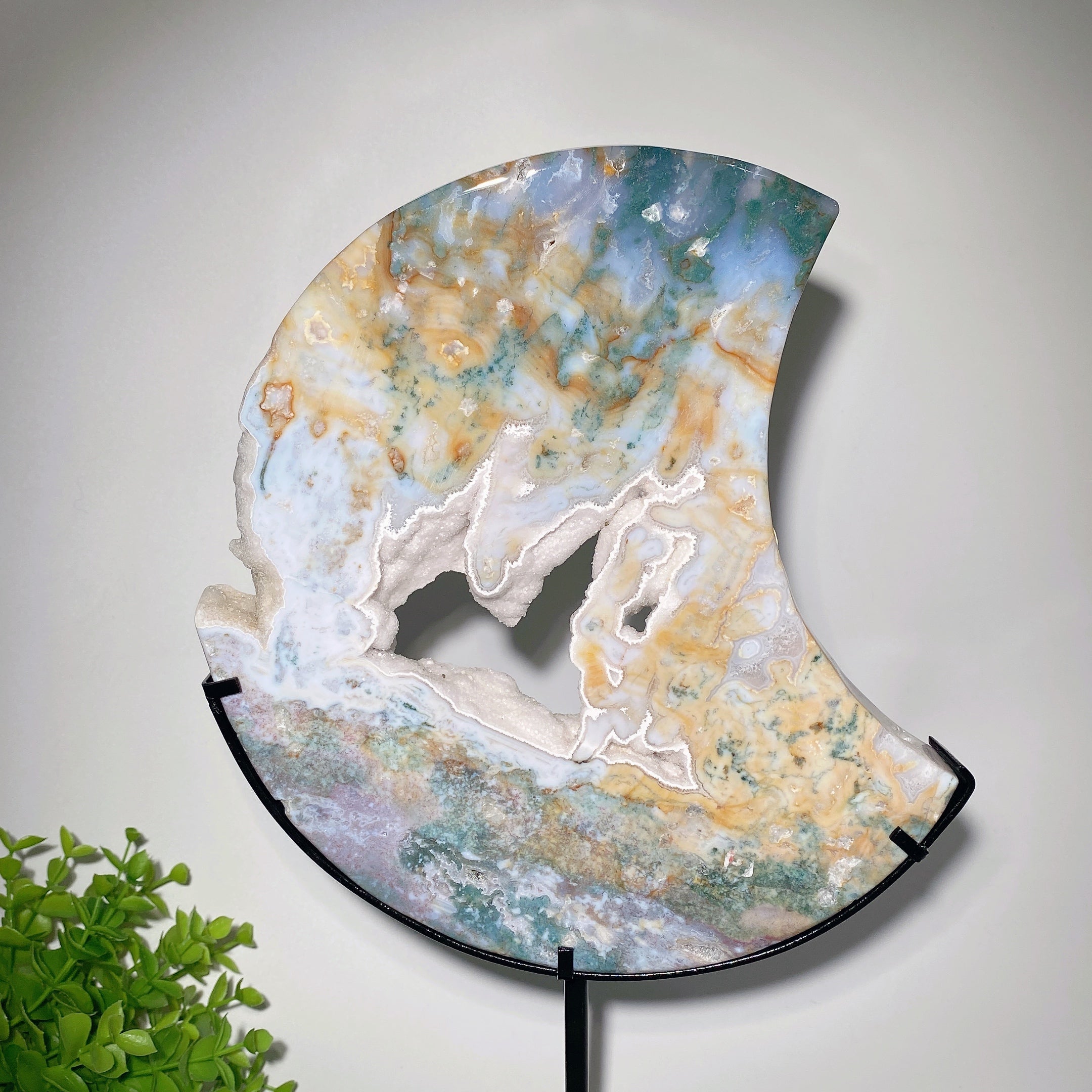 Large 24cm Druzy Moss Agate Moon Carving with Stand